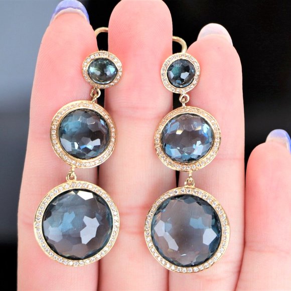 19503 Ippolita Lollipop 18K Yellow Gold Blue Topaz Diamond Dangle Earrings - Picture 2 of 5